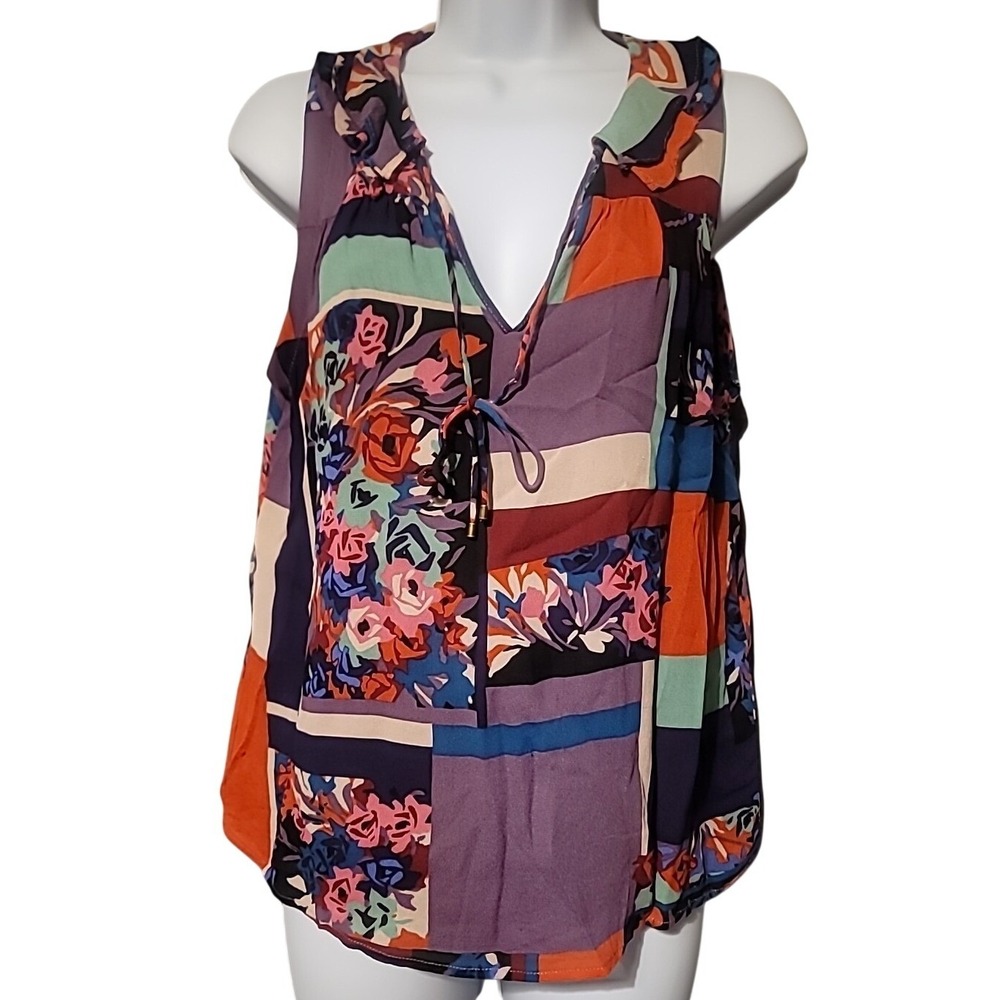 Maeve Anthropologie Womens Small Patchwork Floral V-Neck Tie Front Blouse Purple